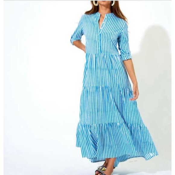 Oliphant Dresses Oliphant Blue White Striped Playa Mandarin Maxi